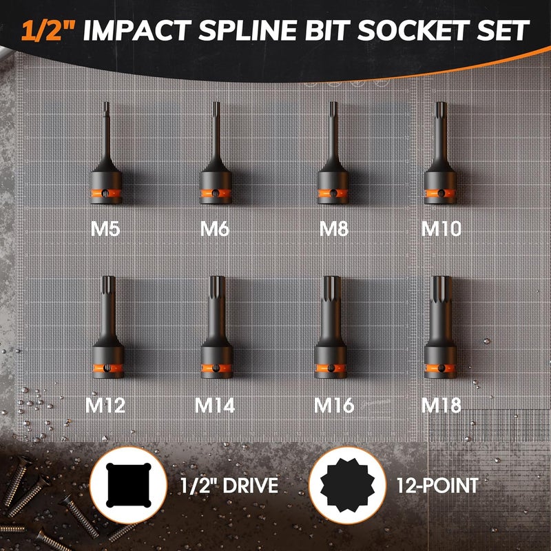 YEKEPRO 8-Piece Impact XZN Triple Square Spline Bit Socket Set,1/2" Drive,Cr-Mo Steel, VW Seats Compatible with Impact Wrench & Power Tools, M5-M18 - Image 2